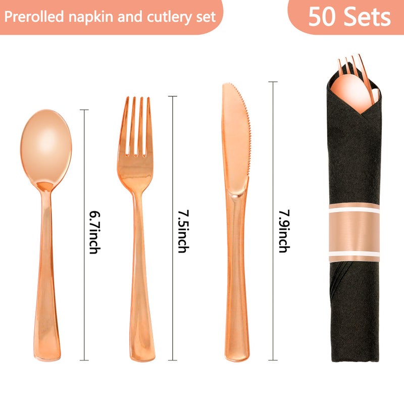 Dlebay 50 Pack Pre Rolled Rose Gold Plastic Silverware Set Wrapped Plastic Cutlery Set with Napkin Include 50 Forks 50 Spoons 50 Knives and 50 Black Napkins for Party  Wedding - Image 2