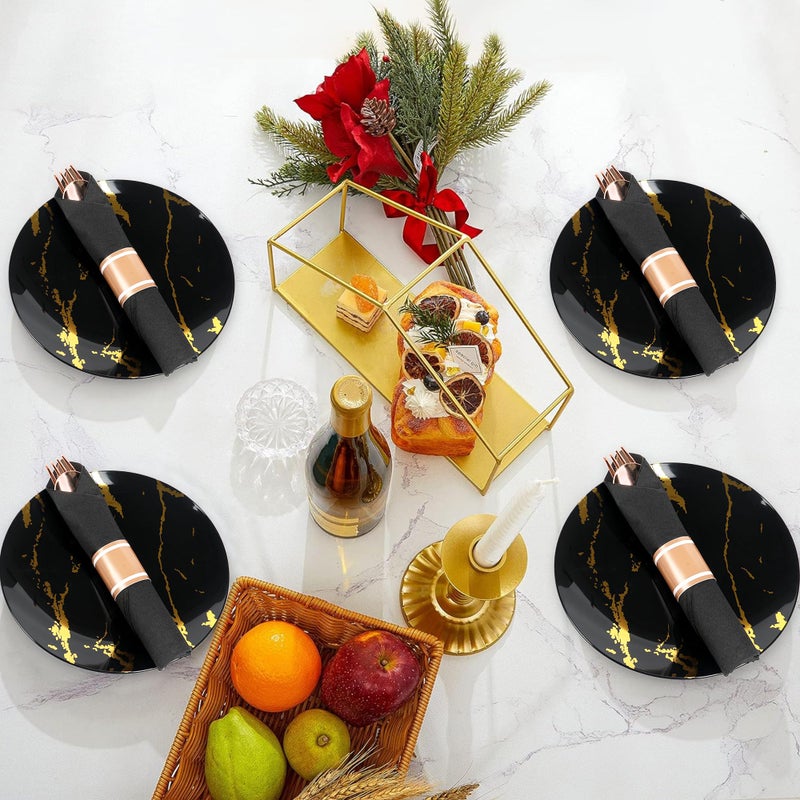 Dlebay 50 Pack Pre Rolled Rose Gold Plastic Silverware Set Wrapped Plastic Cutlery Set with Napkin Include 50 Forks 50 Spoons 50 Knives and 50 Black Napkins for Party  Wedding - Image 5