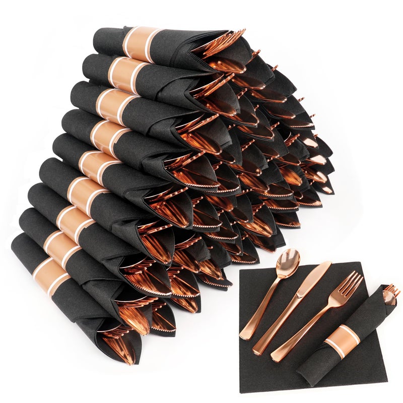 Dlebay 50 Pack Pre Rolled Rose Gold Plastic Silverware Set Wrapped Plastic Cutlery Set with Napkin Include 50 Forks 50 Spoons 50 Knives and 50 Black Napkins for Party  Wedding - Image 1