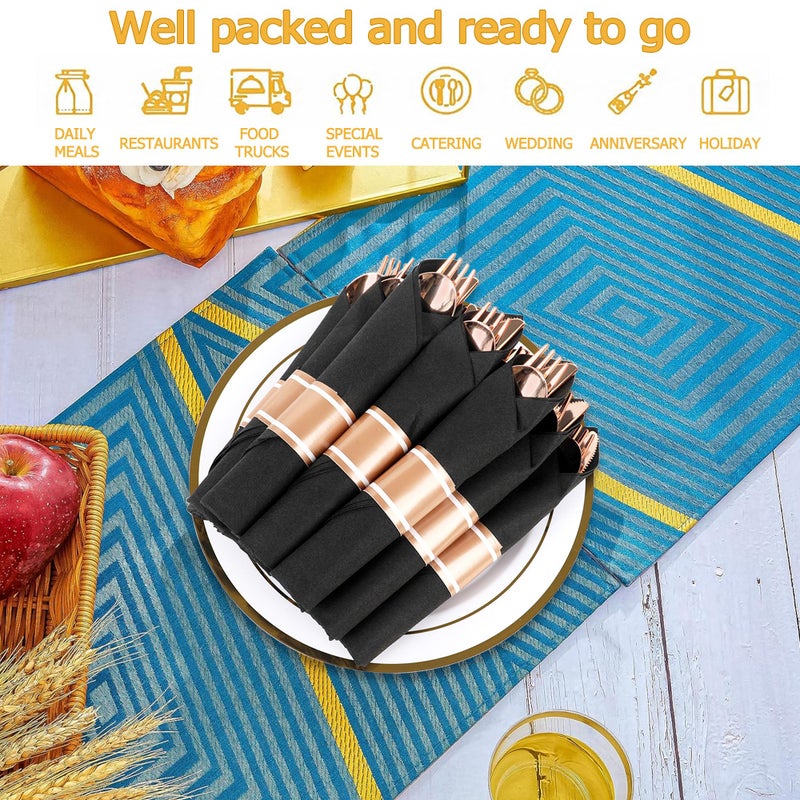 Dlebay 50 Pack Pre Rolled Rose Gold Plastic Silverware Set Wrapped Plastic Cutlery Set with Napkin Include 50 Forks 50 Spoons 50 Knives and 50 Black Napkins for Party  Wedding - Image 4