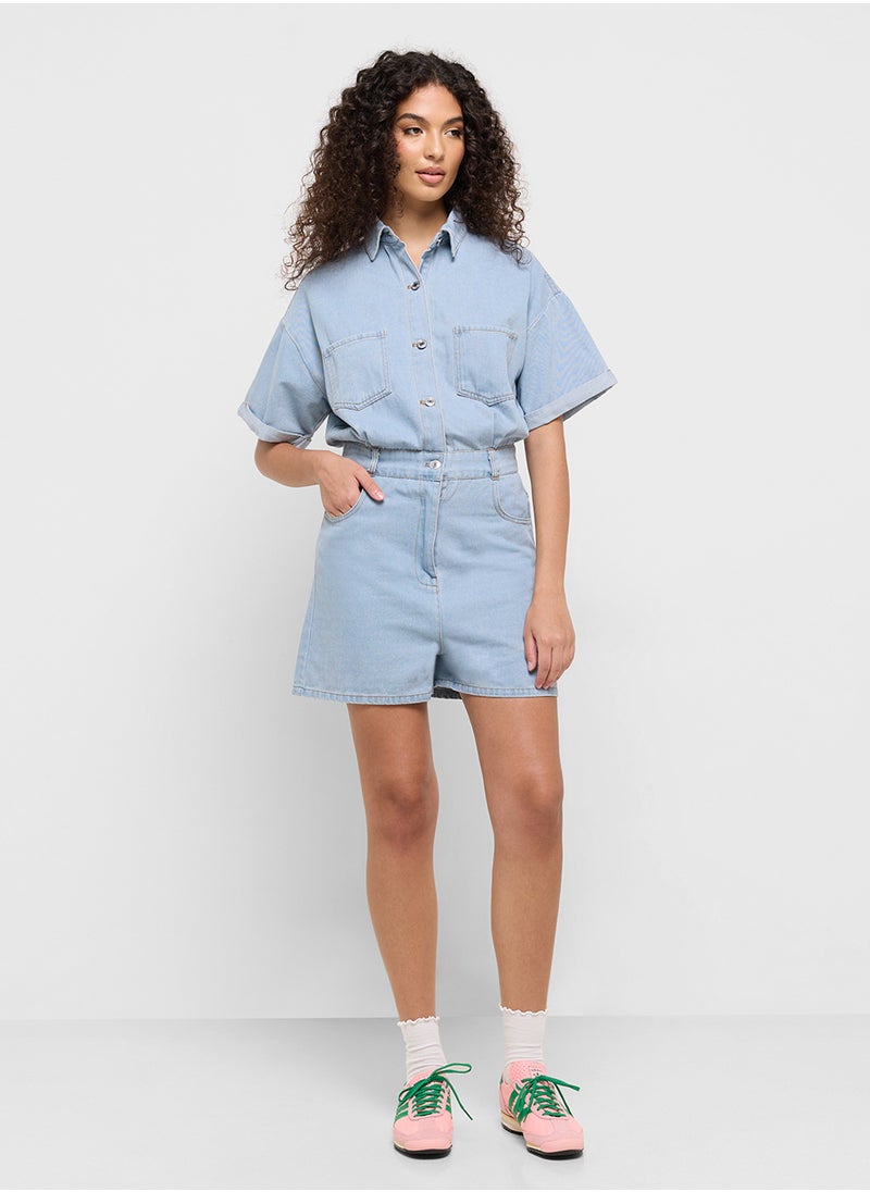 Ginger Button Down Denim Playsuit  - Image 4