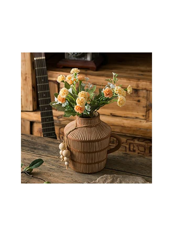 The Bros Rustic Farmhouse Vase with Handle and Boho Wooden Beads, Vertical Stripes Terracotta Vase - Ceramic Flower Vase for Vintage Home Decor - Image 4