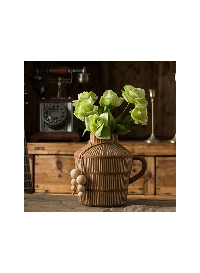 The Bros Rustic Farmhouse Vase with Handle and Boho Wooden Beads, Vertical Stripes Terracotta Vase - Ceramic Flower Vase for Vintage Home Decor - Image 5