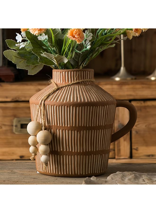 The Bros Rustic Farmhouse Vase with Handle and Boho Wooden Beads, Vertical Stripes Terracotta Vase - Ceramic Flower Vase for Vintage Home Decor - Image 1