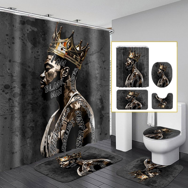 Omebero African American Shower Curtain Sets for Bathroom, Black Praying King Bathroom Sets with Waterproof Shower Curtain and Non-Slip Rugs Toilet Lid Cover Bath Mat, Cool Unique Man Bathroom Decor Sets - Image 1
