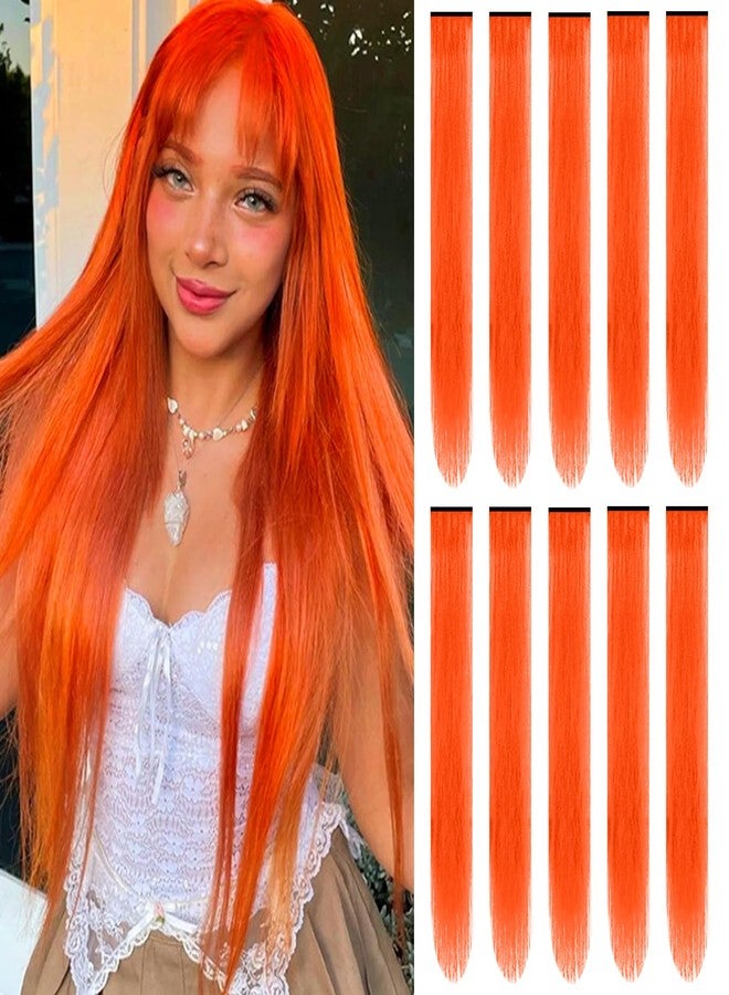 TOFAFA 22 inch Colored Hair Extensions, Multi-colors Party Highlights Clip in Synthetic Hairpiece for Halloween Girl Women Kids Party Gift(10 PCS Orange) - Image 1