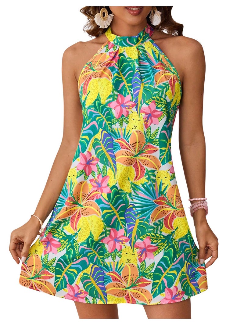 Floerns Women's Sleeveless Floral Print Sundress Halter Neck A Line Short Dress Green Large - Image 1