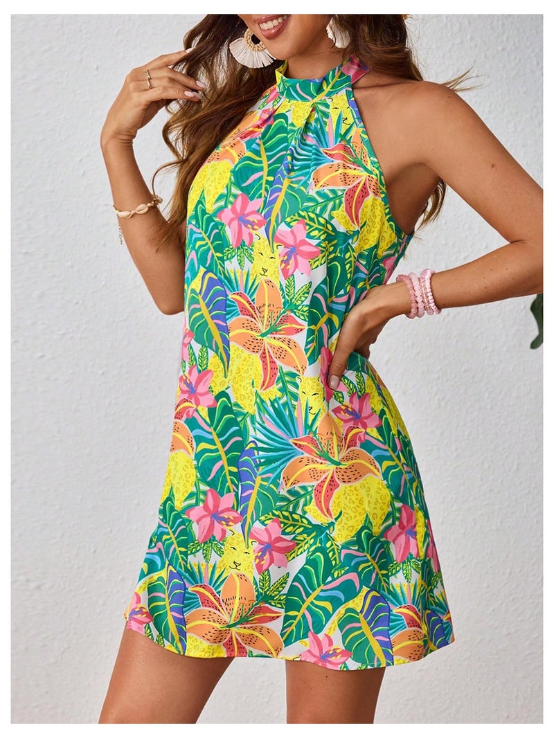 Floerns Women's Sleeveless Floral Print Sundress Halter Neck A Line Short Dress Green Large - Image 3