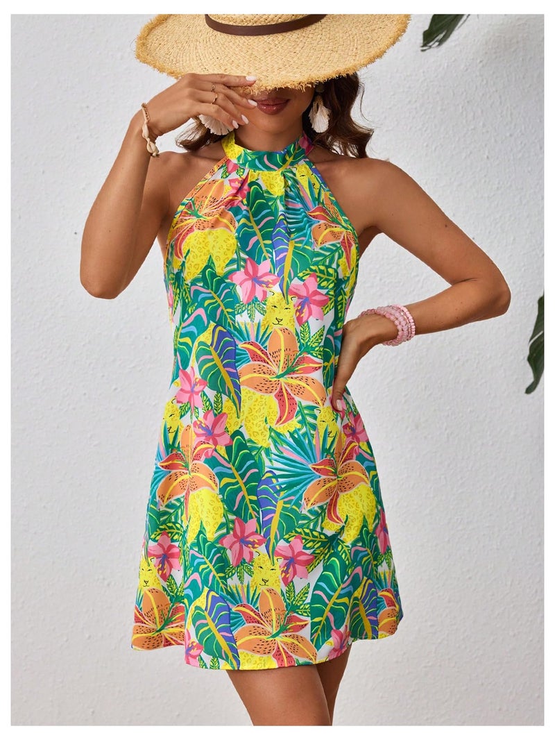 Floerns Women's Sleeveless Floral Print Sundress Halter Neck A Line Short Dress Green Large - Image 5