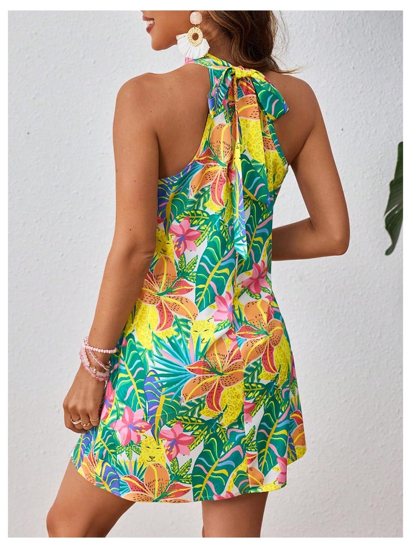 Floerns Women's Sleeveless Floral Print Sundress Halter Neck A Line Short Dress Green Large - Image 2