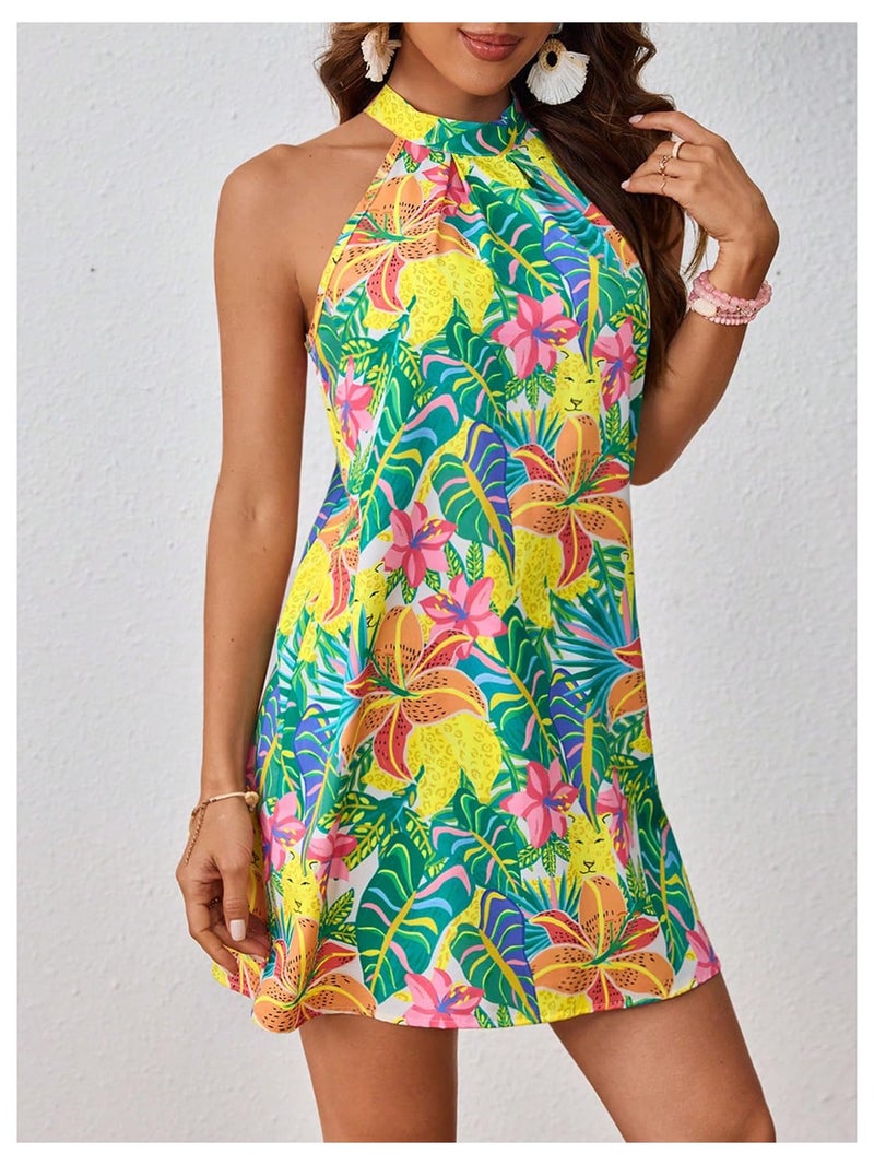 Floerns Women's Sleeveless Floral Print Sundress Halter Neck A Line Short Dress Green Large - Image 4