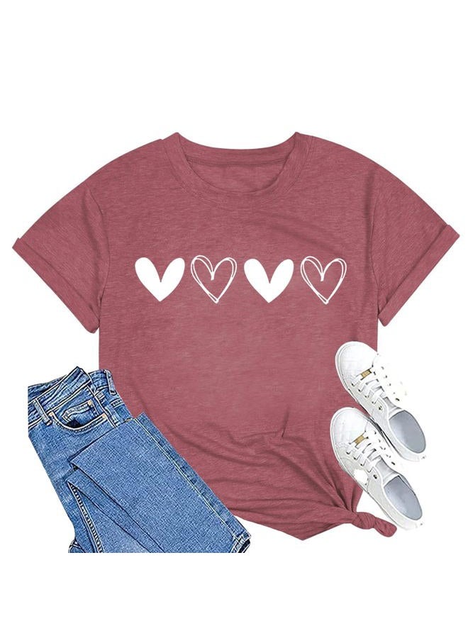 Grezea Valentine's Shirts for Women:Cute Love Heart Tshirts Graphic Tees Valentine Casual Short Sleeve Top, Darkpink, L - Image 1