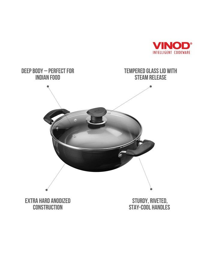 Vinod Cookware Deep Kadhai with Glass Lid - Hard Anodized Pot-Riveted Handles- 55L(58 Quarts)-28Cm-Multi-Use Wok - Suitable for Indian Cooking/Sauces/Pasta/Stews/Soups-Round Bottom, Black - Image 3