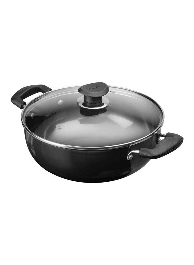 Vinod Cookware Deep Kadhai with Glass Lid - Hard Anodized Pot-Riveted Handles- 55L(58 Quarts)-28Cm-Multi-Use Wok - Suitable for Indian Cooking/Sauces/Pasta/Stews/Soups-Round Bottom, Black - Image 1
