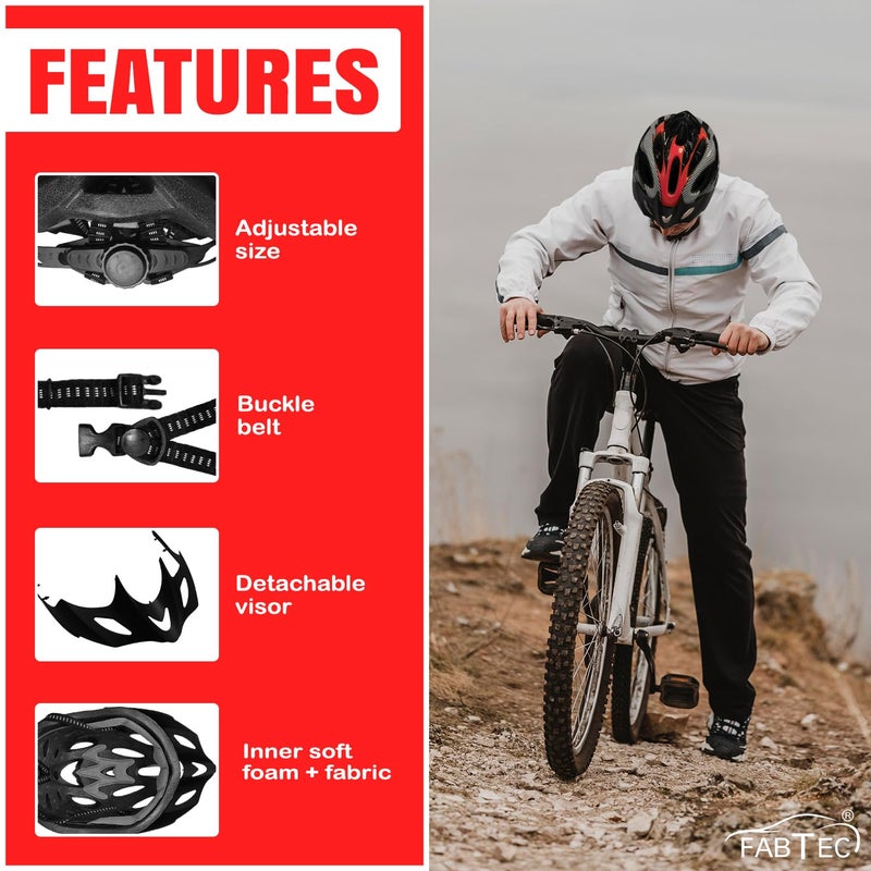 FABTEC خوذة دراجة هوائية وتزلج حمراء وسوداء مع واقي قابل للفصل | خوذة دراجة جبلية فائقة الخفة مع غلاف مهوي، وحشوة ممتصة للصدمات، وحزام قابل للتعديل | مثالية للرجال والنساء والأطفال - Image 5