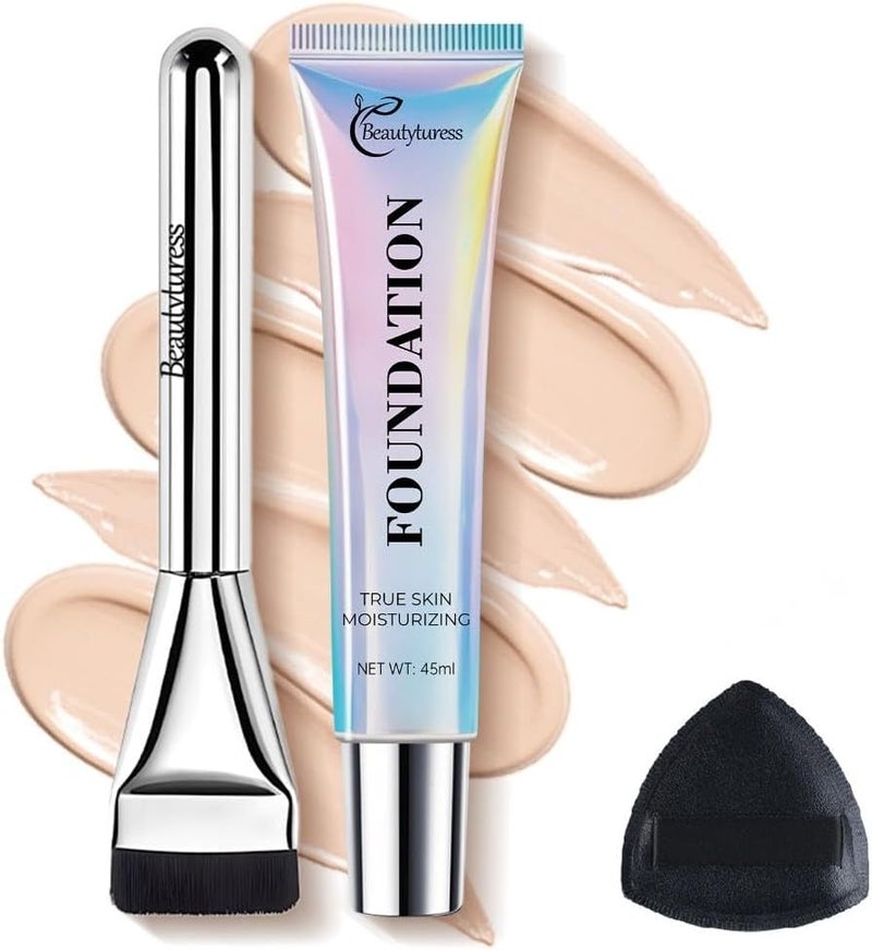 Foundation Full CoverageC01 Very Fair CoolLiquid Foundation Makeup Kit with Powder Puff BrushInvisible CoverageLongLasting Buildable Wear Vegan CrueltyFree for All Skin Types45ml