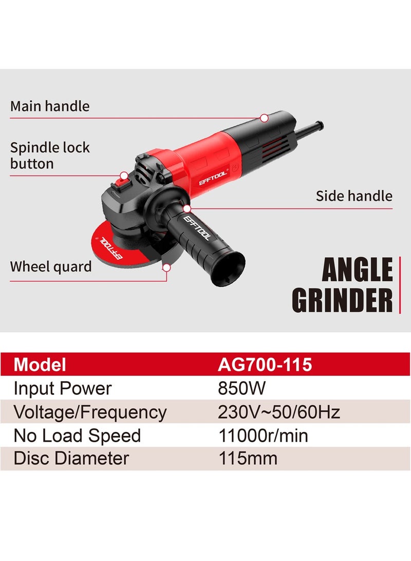 EFFTool طاحونة زاوية أداة كهربائية 850 واط طاحونة معدنية 115 مم 11,000 دورة في الدقيقة عجلات القطع والطحن والمقبض الجانبي المهنية - Image 2