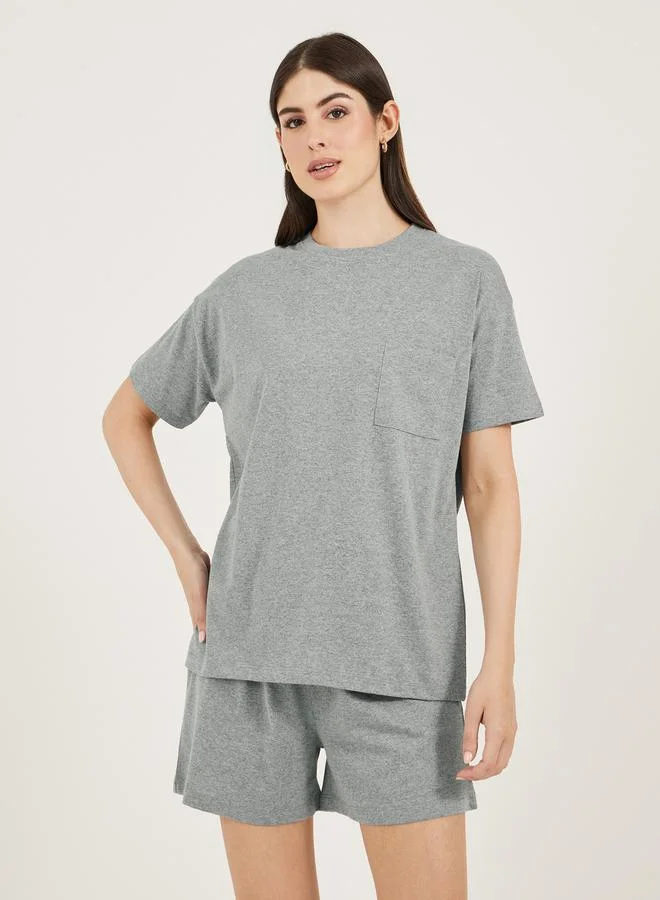 Styli Dropped Shoulder Pocket T-Shirt and Button Placket Pyjama Shorts Set