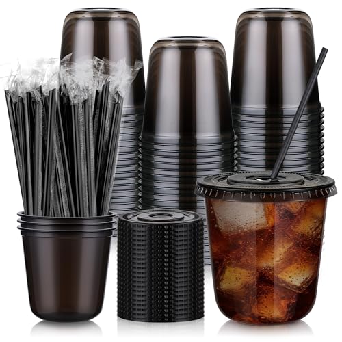 tchrules 100 Set 12oz Black Plastic Cups with Lids & Straws, Disposable Iced Coffee Cup with Lid, Round Bottom Plastic To Go Cups for Cold Drinks Slushie Smoothie Lemonade Party Picnic Shop Supplies - Image 1