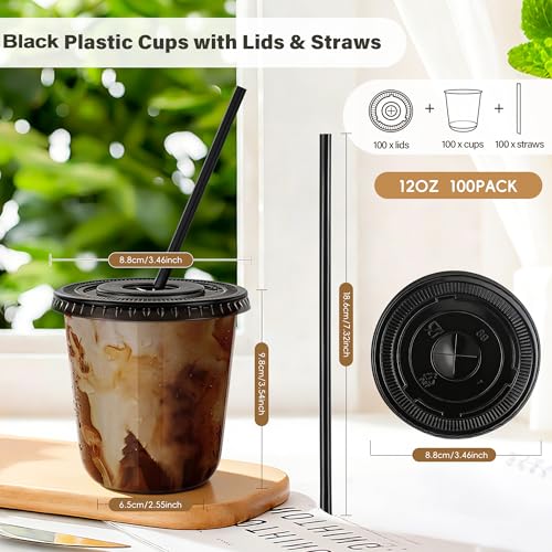 tchrules 100 Set 12oz Black Plastic Cups with Lids & Straws, Disposable Iced Coffee Cup with Lid, Round Bottom Plastic To Go Cups for Cold Drinks Slushie Smoothie Lemonade Party Picnic Shop Supplies - Image 2