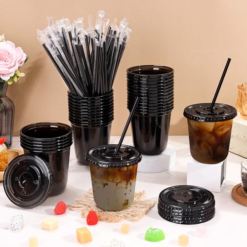 tchrules 100 Set 12oz Black Plastic Cups with Lids & Straws, Disposable Iced Coffee Cup with Lid, Round Bottom Plastic To Go Cups for Cold Drinks Slushie Smoothie Lemonade Party Picnic Shop Supplies - Image 3