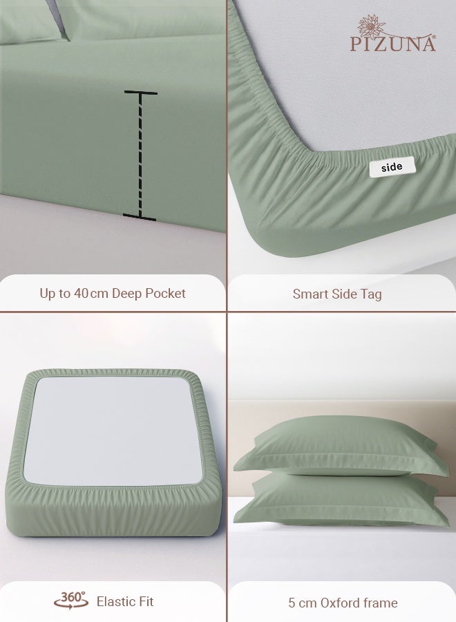 Pizuna Pure Combed Cotton Queen Fitted Sheet 160x200 cm Sea Foam, 400 Thread Count Cool Luxury Soft 100% Long Staple Cotton Sateen Weave, 40cm Deep Pocket Bedsheet with 2 pillowcase (Fitted Sheet) - Image 4