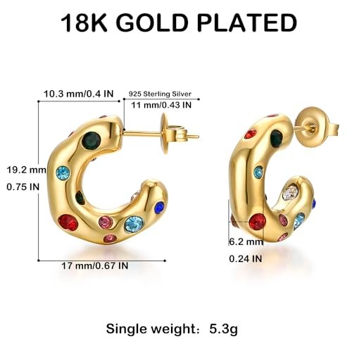 FRUMOS Full color Cubic Zirconia huggie Gold hoop Earrings for Women Girls,14K Gold Plated with 925 Sterling Silver Post crystal Huggie Earrings| CZ Stud Earring (Colorful CZ Earrings) - Image 2