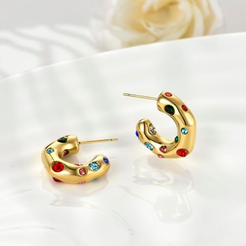 FRUMOS Full color Cubic Zirconia huggie Gold hoop Earrings for Women Girls,14K Gold Plated with 925 Sterling Silver Post crystal Huggie Earrings| CZ Stud Earring (Colorful CZ Earrings) - Image 3