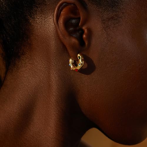 FRUMOS Full color Cubic Zirconia huggie Gold hoop Earrings for Women Girls,14K Gold Plated with 925 Sterling Silver Post crystal Huggie Earrings| CZ Stud Earring (Colorful CZ Earrings) - Image 5