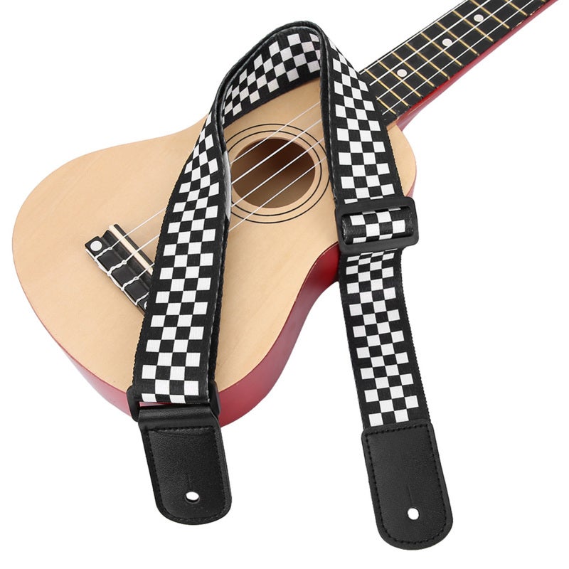 Adjustable Ukulele Strap Black White Squares Design Non-Slip Ukulele Shoulder Strap - Fine Craftsmanship Portable 4 String Strap for Ukulele Lover - Image 1