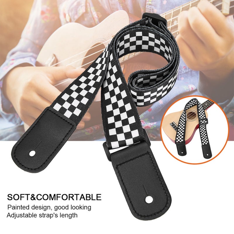 Adjustable Ukulele Strap Black White Squares Design Non-Slip Ukulele Shoulder Strap - Fine Craftsmanship Portable 4 String Strap for Ukulele Lover - Image 3