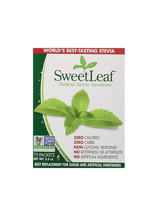 SweetLeaf SweetLeaf Stevia Packets - Zero Calorie Natural Stevia Powder, No Bitter Aftertaste, Sugar Substitute for Keto Coffee, Nothing Artificial, Non-GMO Stevia Sweetener Packets, 70 Count (Pack of 2)  - Image 1