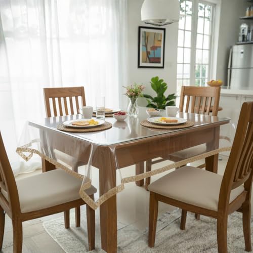 STITCHNEST PVC Transparent 4 Seater Dining Table Cover with Gold Lace, (40x60 Inches) - Image 2