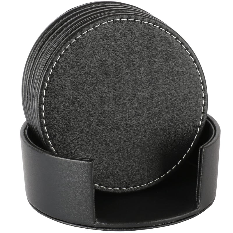 AUMISKY Leather Coasters for Drinks(6 Pack), Handmade Durable Drink Coasters Set with Holder for Tabletop Protection, Luxurious Home DÃ©cor and Housewarming Gift (Black) - Image 1