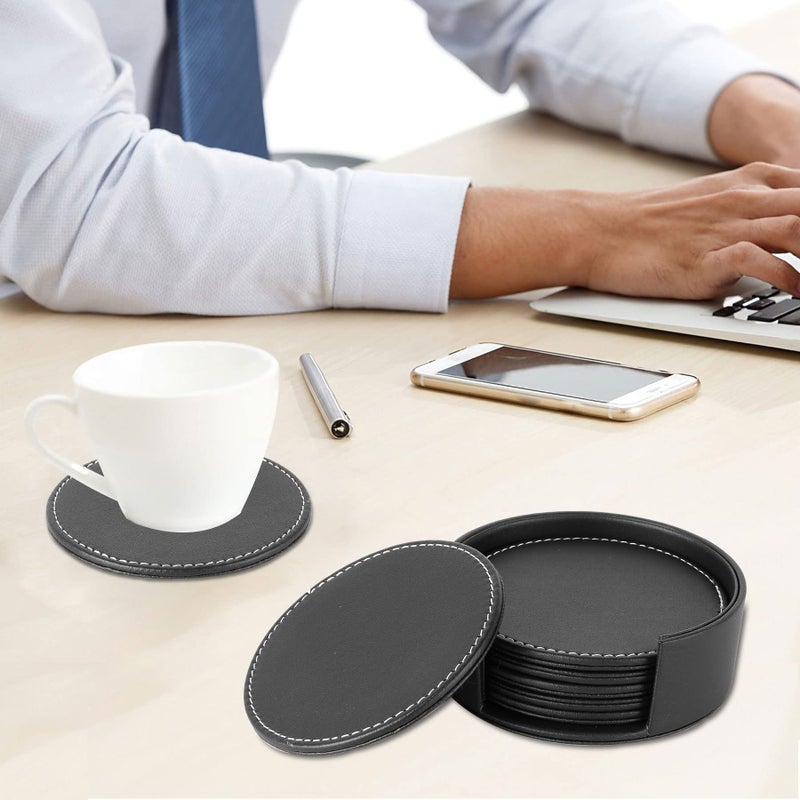 AUMISKY Leather Coasters for Drinks(6 Pack), Handmade Durable Drink Coasters Set with Holder for Tabletop Protection, Luxurious Home DÃ©cor and Housewarming Gift (Black) - Image 2