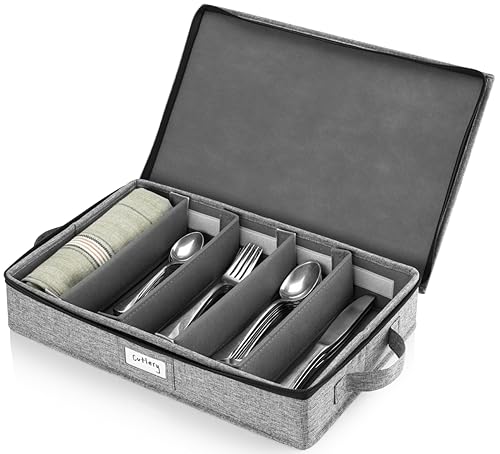 Flatware Storage Case with 5 Adjustable Compartments  Tableware Utensil Chest with Carrying Handles  Protects and Organizes Cutlery and Silverware  Hard Shell and Stackable