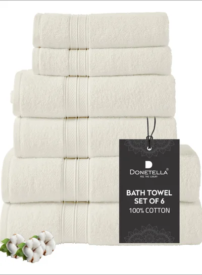 Donetella Premium Towel 6-Pcs Set, 100% Combed Cotton 600 GSM, Highly Absorbent, Quick Dry Towel Set Include 2 Bath Towel, 2 Bath Sheet, 2 Hand Towel, Best Set for Bathroom Gym, Hotel And Spa,Cream
