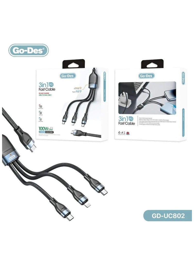 GO-DES UC-802 3 in 1 PD Multiport Cable Type-C to 2 Type-C 1 Lightning - Image 1