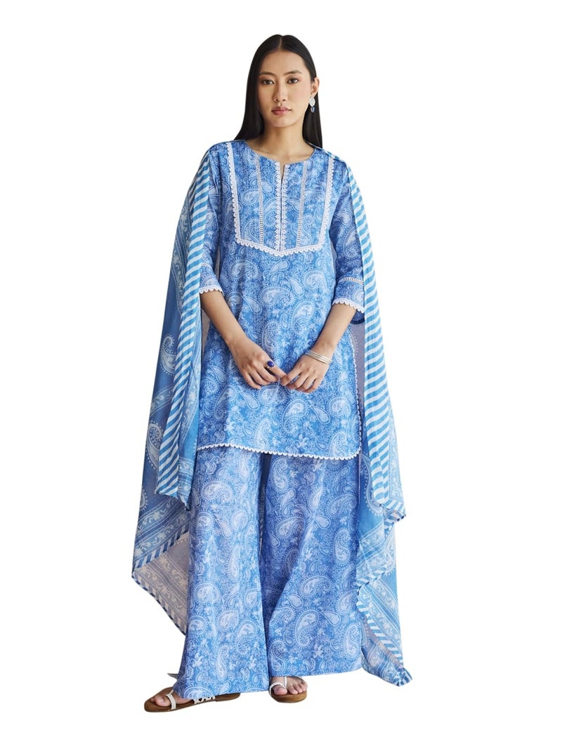 FIORRA Women's Cotton Blue Paisley Printed Kurta with Palazzo and Dupatta Set - Image 1