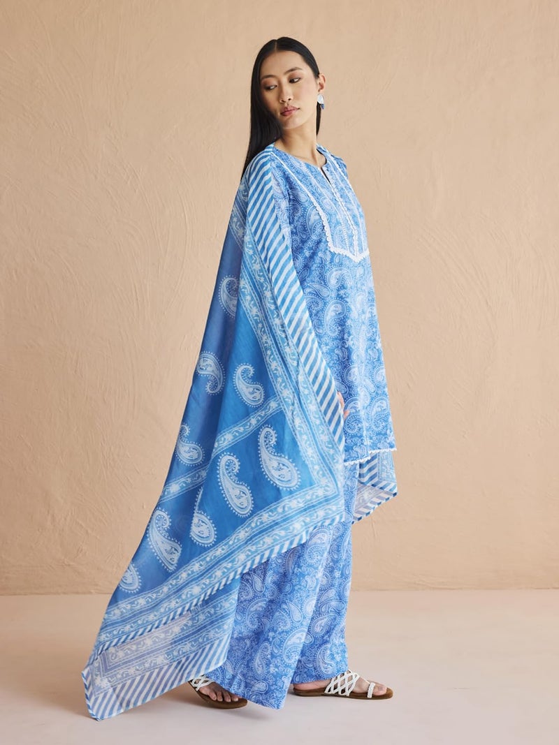 FIORRA Women's Cotton Blue Paisley Printed Kurta with Palazzo and Dupatta Set - Image 3