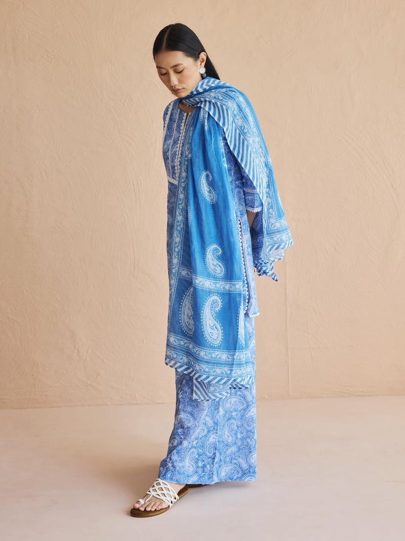 FIORRA Women's Cotton Blue Paisley Printed Kurta with Palazzo and Dupatta Set - Image 4