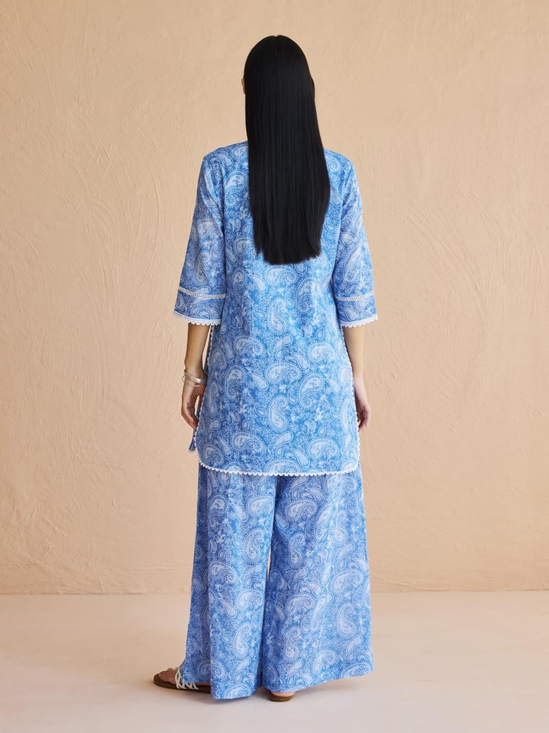FIORRA Women's Cotton Blue Paisley Printed Kurta with Palazzo and Dupatta Set - Image 2
