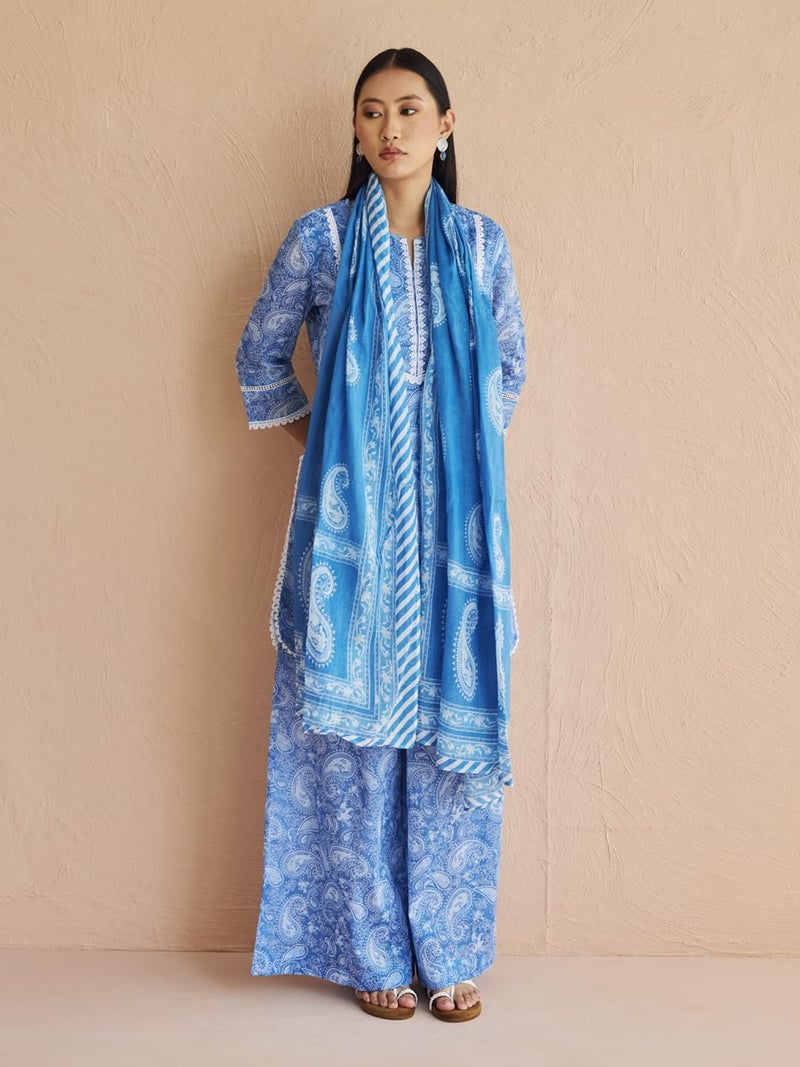 FIORRA Women's Cotton Blue Paisley Printed Kurta with Palazzo and Dupatta Set - Image 5