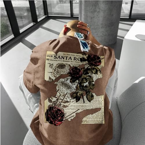 Lubpow Mens Acid Wash Tshirt Oversized Vintage Graphic T-Shirts Cool Grunge Rose Floral Shirt Trendy Y2K Streetwear Tee Tops(Coffee,M) - Image 5