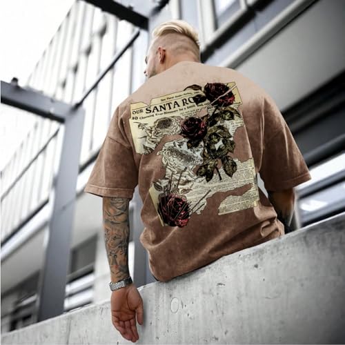Lubpow Mens Acid Wash Tshirt Oversized Vintage Graphic T-Shirts Cool Grunge Rose Floral Shirt Trendy Y2K Streetwear Tee Tops(Coffee,M) - Image 3