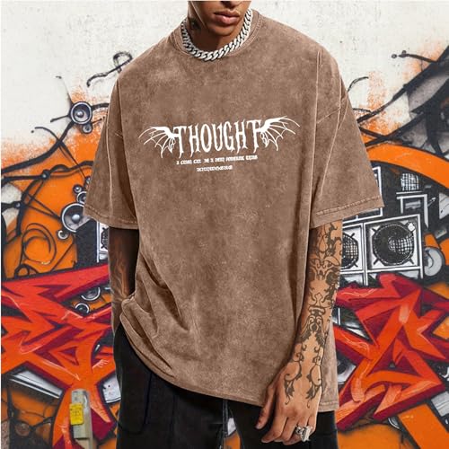 Lubpow Mens Acid Wash Tshirt Oversized Vintage Graphic T-Shirts Cool Grunge Rose Floral Shirt Trendy Y2K Streetwear Tee Tops(Coffee,M) - Image 2