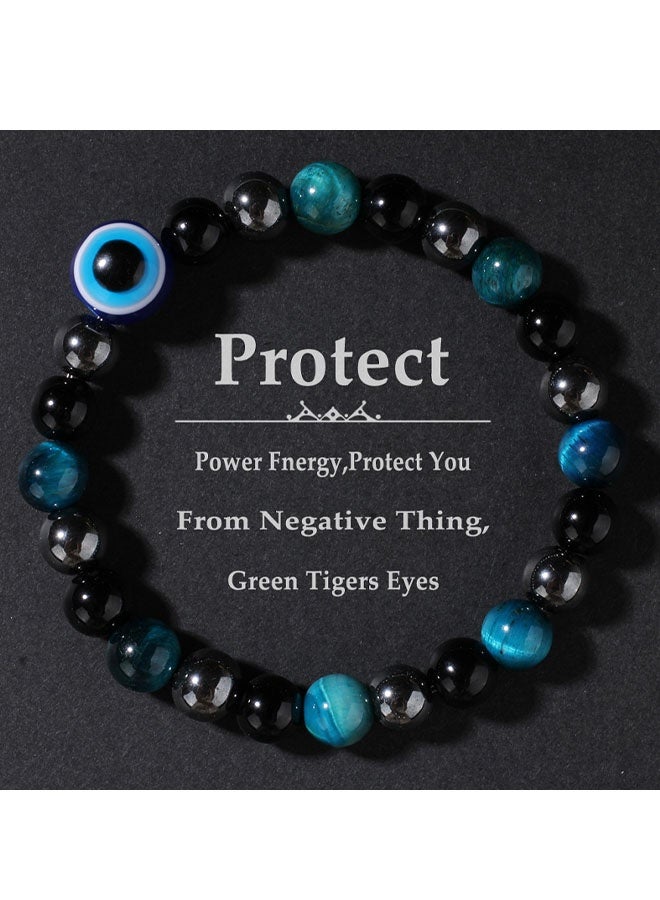 سوار من حجر عين النمر الأسود من حجر السج الهيماتيت للاسترخاء والتخلص من القلق، مصنوع من الخرز والحماية الثلاثية، أساور من أحجار كريمة لشاكرا للنساء - Image 3