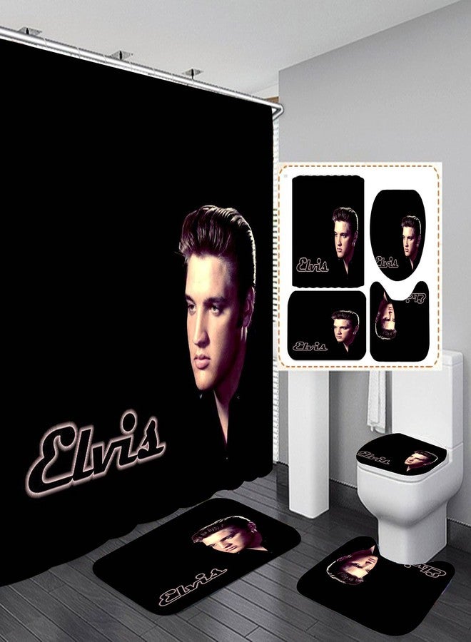 Frameless Bathroom 4 Pieces Set Elvis Shower Curtain, Toilet Lid Cover and Bath Mat, Non-Slip Rugs, Durable and Waterproof, for Bathroom Decor Set, 72" x 72" - Image 1