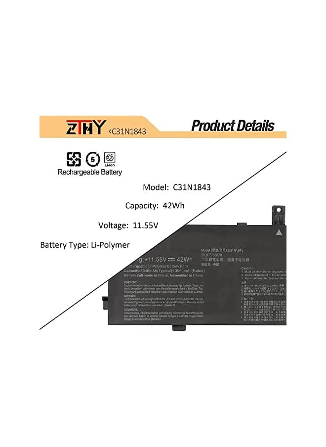ZTHY - 42Wh C31N1843 Laptop Battery Replacement For Asus Vivobook S14 S432 S432Fa S432Fl S15 S532 S532Fa S532Fl X432Fa X432Fl X532Fa X532Fl Series 0B200-03430000 3Icp5/58/78 - Image 1