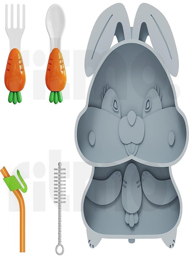 Ritmo Silicone Children Plate Tableware Custom Baby Feeding Set Toddler Feeding Supplies Plates with Fork, Spoon Cutlery Dinner Set for Children (Rabbit Grey) - Image 1